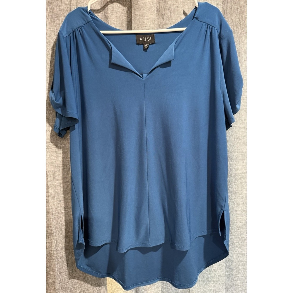AUW Womens Size XL Blue Tunic Blouse Roll Tab Sleeve V-Neck Casual Layer Piece